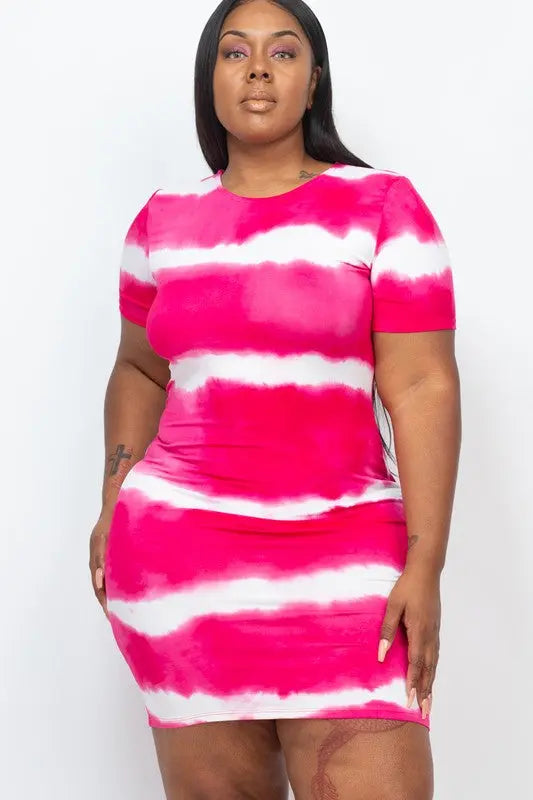 PLUS Size Stripe Tie-Dye Printed Midi Dress - Image #1