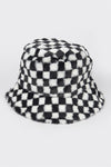 Checker Print Faux Fur Bucket Hat