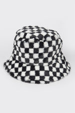 Checker Print Faux Fur Bucket Hat