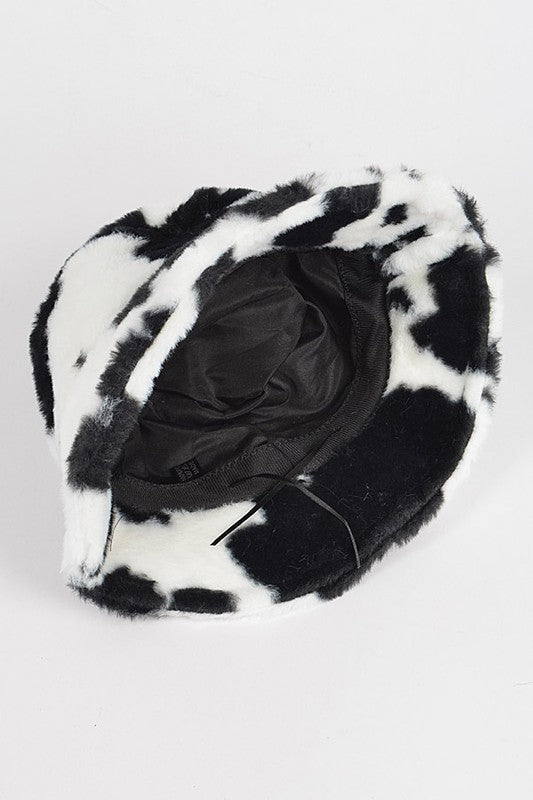 Cow Print Faux Fur Bucket Hat