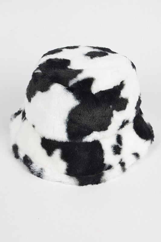 Cow Print Faux Fur Bucket Hat