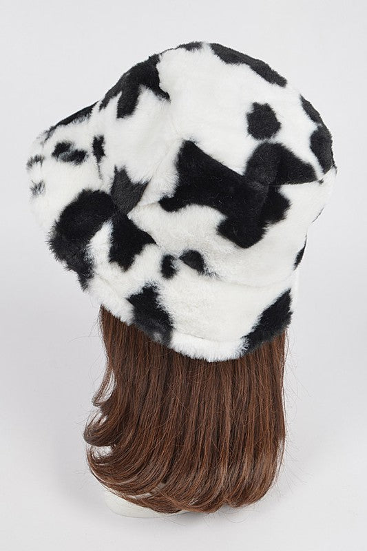 Cow Print Faux Fur Bucket Hat