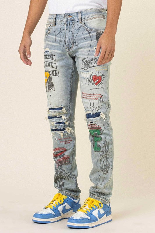 ALL OVER DOODLING SLIM FIT DENIM - Panther®