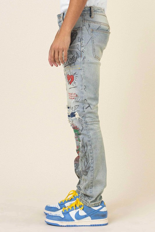 ALL OVER DOODLING SLIM FIT DENIM - Panther®