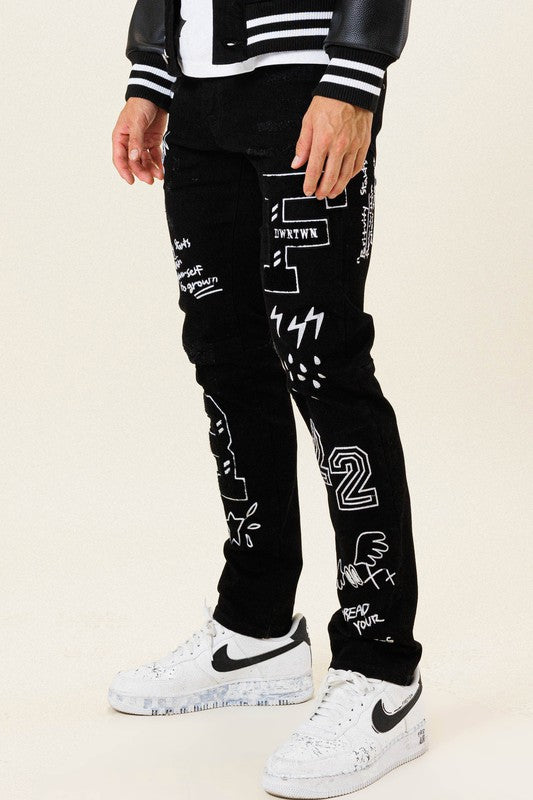 Multi Patch Slim Fit Black Denim Pants - Panther®