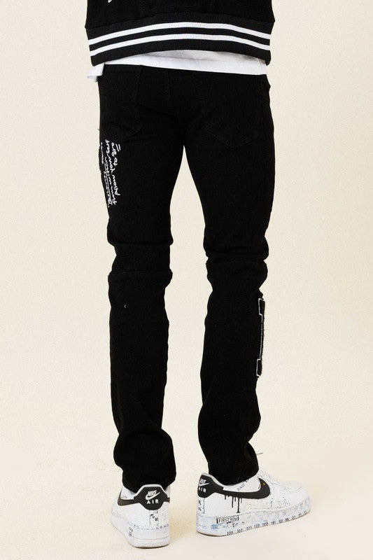 Multi Patch Slim Fit Black Denim Pants - Panther®