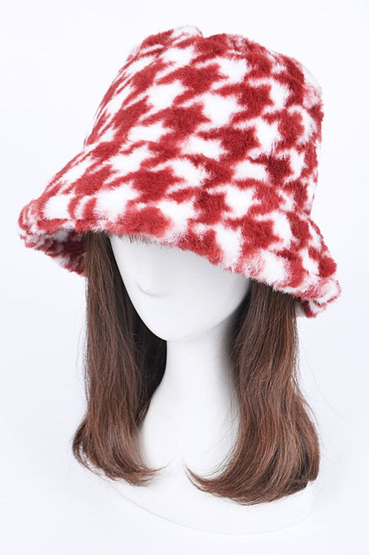 Houndstooth Print Faux Fur Bucket Hat