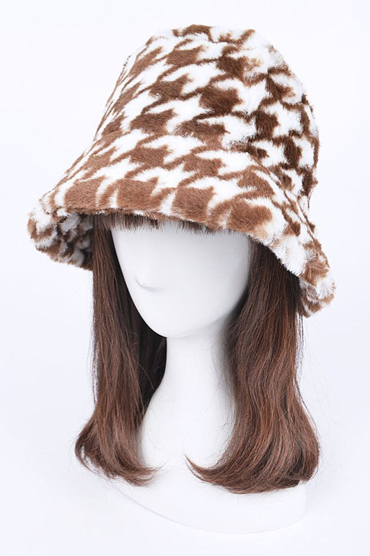 Houndstooth Print Faux Fur Bucket Hat