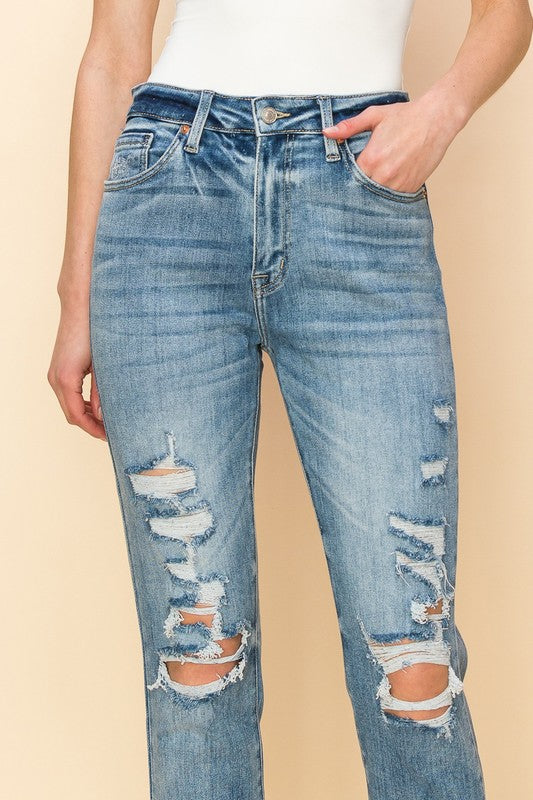 HIGH RISE STRETCH DISTRESSED MOM JEANS - Panther®