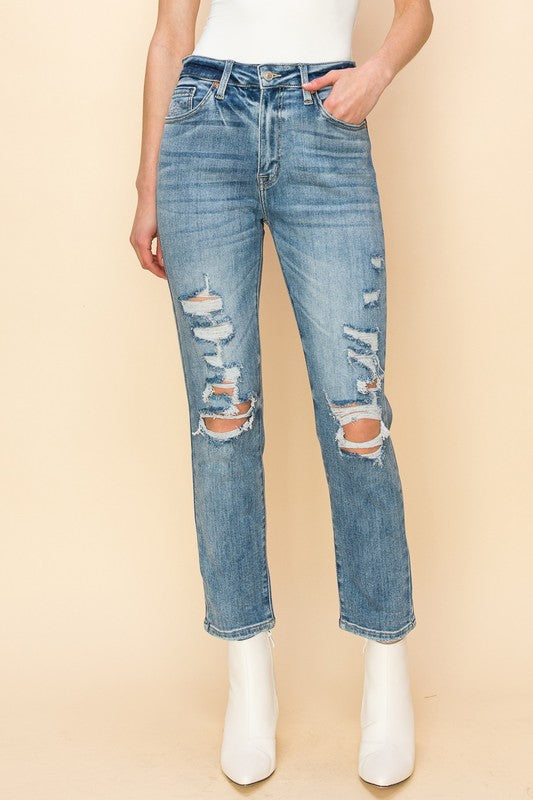 HIGH RISE STRETCH DISTRESSED MOM JEANS - Panther®