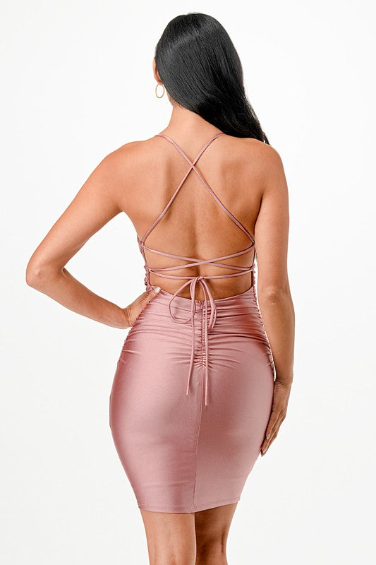 Back lace up short dress with waist shirring