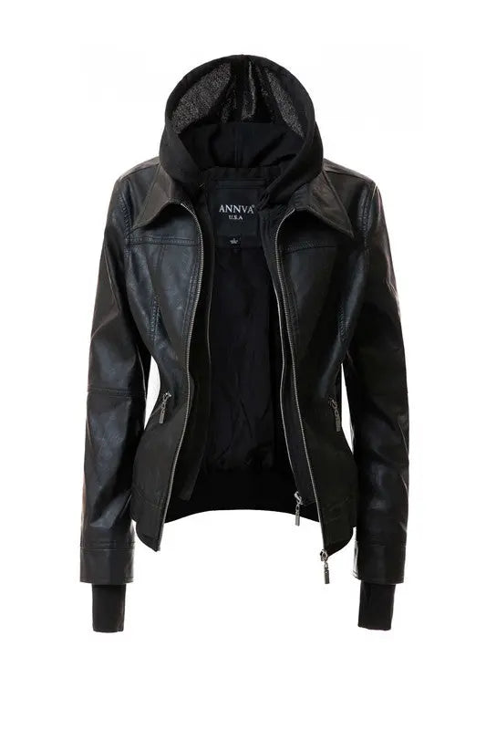 Women's Hood PU Leather Jacket - Image #5