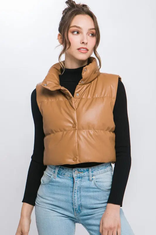 PU Faux Leather puffer West With Snap Button - Image #2