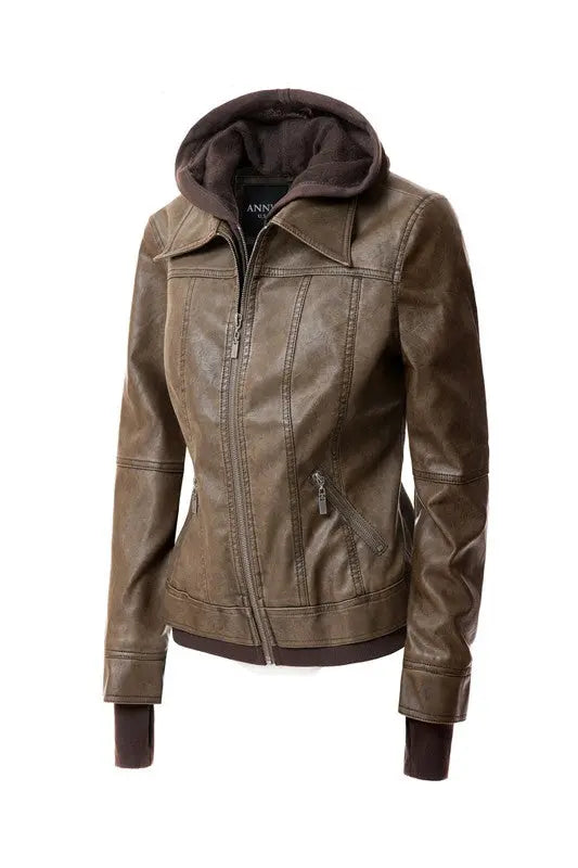 Women's Hood PU Leather Jacket - Image #19