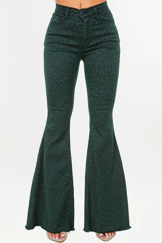 Leopard Bell Bottom Jean in Pine Green - Image #1