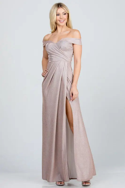 Off the shoulder glittery jacquard gathered gown - Image #1