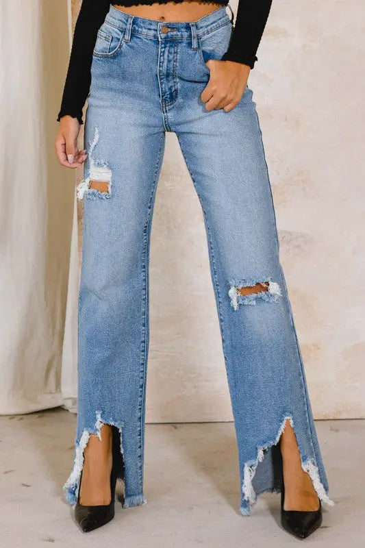 HIGH RISE DISTRESSED WIDE JEANS - Panther®