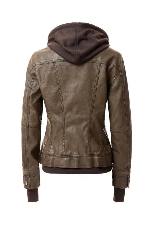 Women's Hood PU Leather Jacket - Image #20