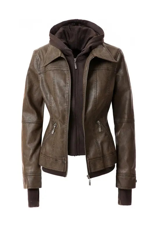 Women's Hood PU Leather Jacket - Image #17