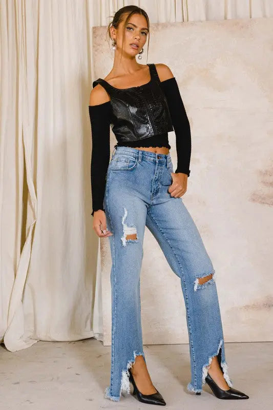 HIGH RISE DISTRESSED WIDE JEANS - Panther®