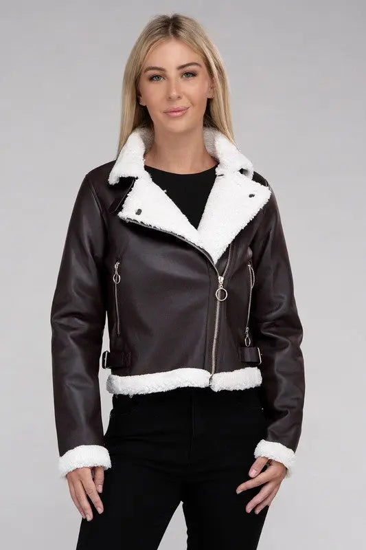 Plush Teddy Trimmed PU Jacket - Image #2