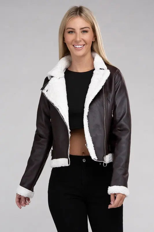 Plush Teddy Trimmed PU Jacket - Image #1