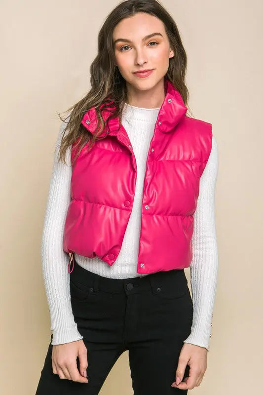 PU Faux Leather puffer West With Snap Button - Image #15