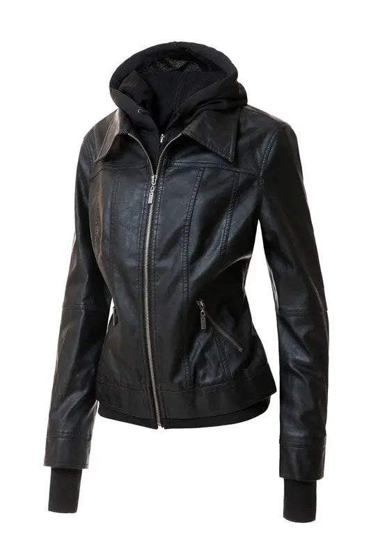 Women's Hood PU Leather Jacket - Image #8