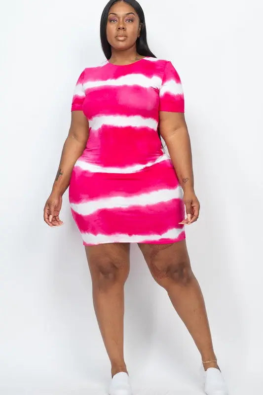 PLUS Size Stripe Tie-Dye Printed Midi Dress - Image #4
