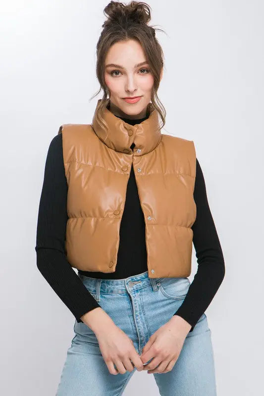 PU Faux Leather puffer West With Snap Button - Image #3