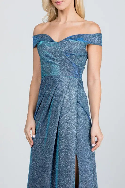 Off the shoulder glittery jacquard gathered gown - Image #8