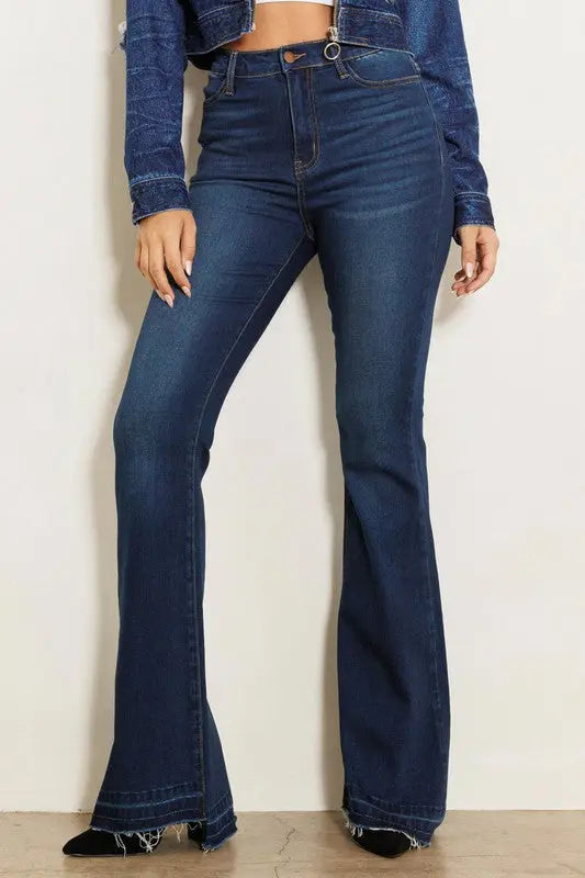 High Rise Flare Jean W Faded Wash Hem Detail - Image #4