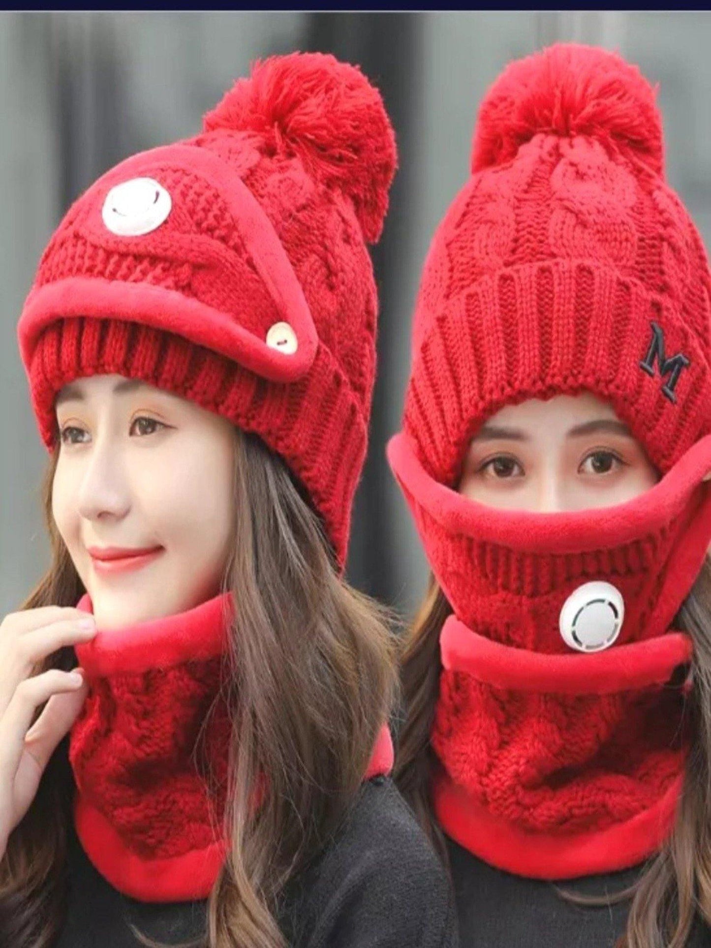 Women Winter Knit 3pcs Hat Set with Breathing Valve - Panther®