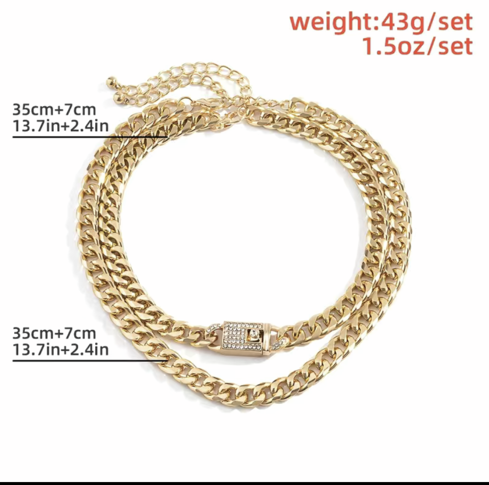 2 Pcs Chunky Chain Necklace Inlaid Shiny Rhinestone Adjustable Hip Hop Style Punk Necklace Set - Panther®